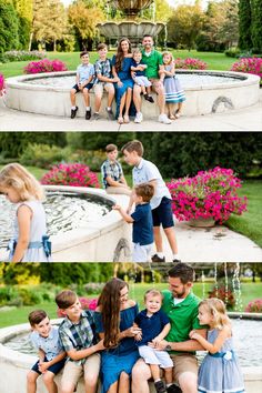 a group of kids sitting on top of each other in front of a water fountain