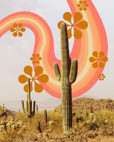 an image of a cactus in the desert with flowers and swirls coming out of it