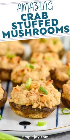 an image of crab stuffed mushrooms on a plate with text overlay that reads amazing crab stuffed mushrooms