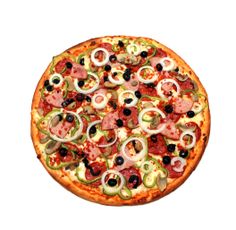 a pizza topped with olives, pepperoni and other toppings