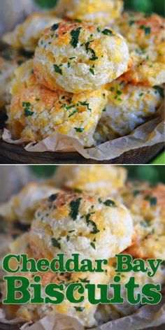 cheddar bay biscuits are stacked on top of each other