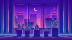 a window with some plants in front of it and a view of the city at night