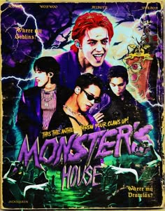 a poster for the movie monsters house, featuring two men and one woman in front of a