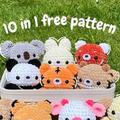 a group of stuffed animals sitting in a basket on the grass with text overlay that reads, 10 in 1 free pattern