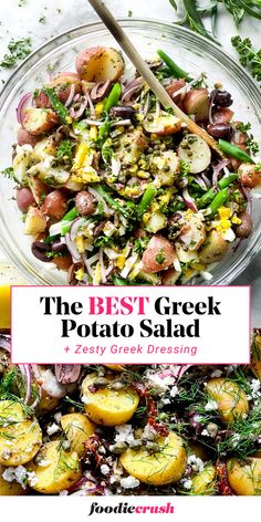 the best greek potato salad in a glass bowl