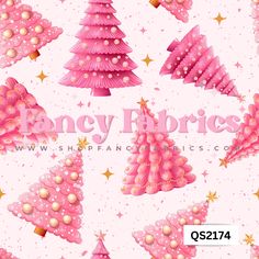 pink christmas trees with gold stars and pearls on them are featured in this seaming pattern