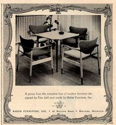 an old advertisement with two chairs and a table in front of the same chair,