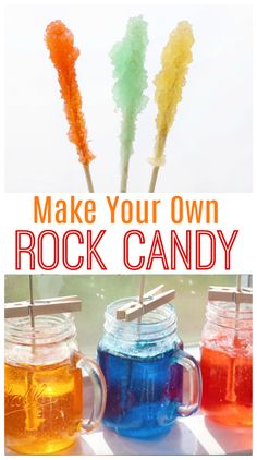 make your own rock candy in mason jars with colored liquid and toothpicks on top