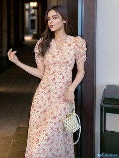 Orcajump - Ditsy Floral Print Dress, Elegant Puff Sleeve V Neck Maxi Dress, Women's Clothing V Neck Maxi Dress, Ditsy Floral Print, Dress Elegant, Ditsy Floral, Type A, Floral Print Dress, Autumn Summer, Puff Sleeve, Print Dress