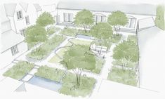 an artist's rendering of a garden in the middle of a house with trees