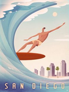 a man riding a wave on top of a surfboard in front of a city