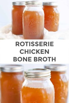 three jars filled with chicken bone broth and the words rotissee chicken bone broth