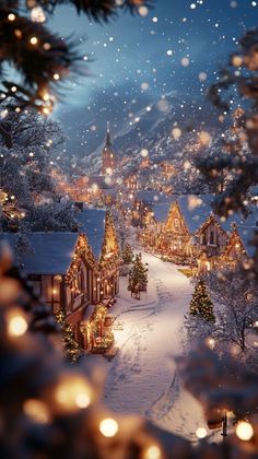 a christmas village is shown through the window with lights on it and snow falling all around