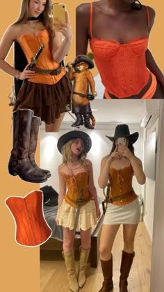 the collage shows two women in different outfits and hats, one is holding a cell phone