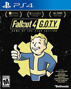 the cover art for fallout 4 goty, with an image of a man giving thumbs up