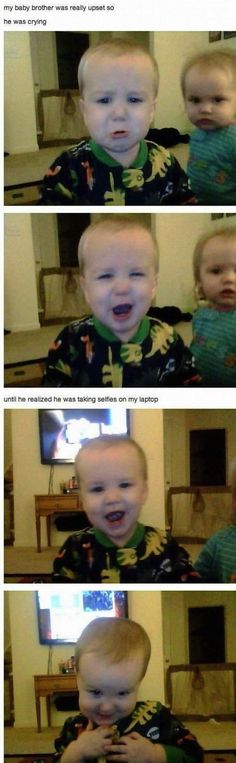 four pictures of a baby laughing and making faces with his mouth wide open in front of the camera