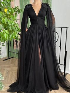 A-Line Evening Gown Sexy Dress Formal Court Train Long Sleeve V Neck Wednesday Addams Family Chiffon with Buttons Slit Appliques 2023 2023 - US $135.99 Split Prom Dresses, Dark Wedding, Floor Length Prom Dresses, Black Dress Formal, Elegant Maxi Dress, Long Sleeve Evening Dresses, Black Chiffon, Black Gown, Prom Dresses With Sleeves