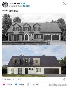 two photos side by side, one has a house and the other has a lot of windows