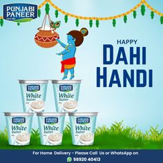 happy dahi handi with yogurt cups for diwaling on the occasion