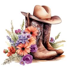 a cowboy hat, boots and flowers on a white background with watercolor paint effect