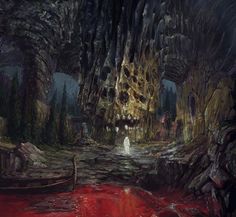 a painting of a cave filled with red water