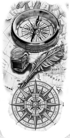 a black and white drawing of a compass, an ink pen and a feather on top of a map