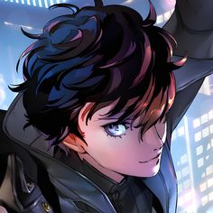 an anime character with black hair and blue eyes in front of a cityscape