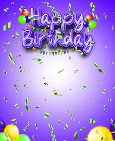 a birthday card with balloons and confetti in the air on a purple background