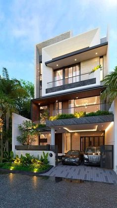 a car is parked in front of a modern house with plants on the balconies