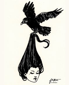 a drawing of a woman with a bird on her head and another bird perched on top of her head