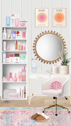 a white desk with a mirror, chair and shelves filled with beauty products on it