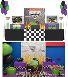 a monster truck themed birthday party with balloons