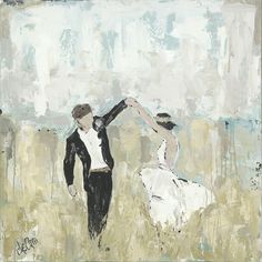 a painting of two people dancing in a field