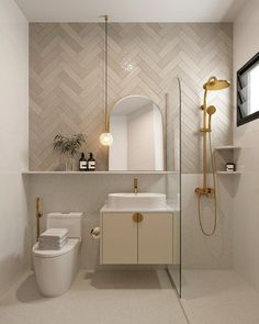 a bathroom with a toilet, sink, mirror and shower head in the middle of it