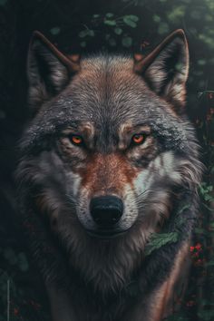 a close up of a wolf's face in front of trees and bushes with red flowers