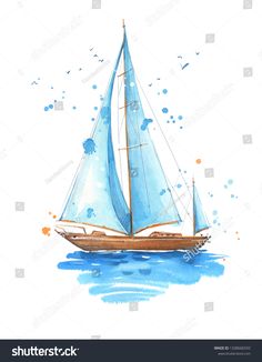 a watercolor painting of a sailboat with blue sails on the ocean royalty - art illustration