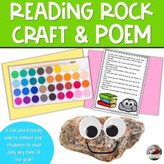 a rock with googly eyes and some books on it, next to the text reading rock craft & poem