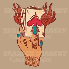 a drawing of a hand holding cards with flames coming out of the top and bottom