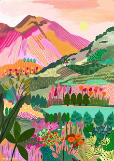 a painting of mountains and flowers in the foreground, with pink clouds above them