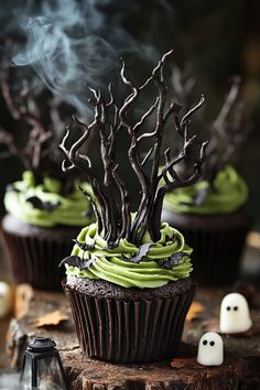 Twisted Tree Forest Cupcakes – Enchant Your Halloween Dessert Spread Dark Cupcakes Aesthetic, Green Halloween Dessert, Cake Stand Halloween Decor, Halloween Dessert Photography, Halloween Cupcake Display, Chocolate Halloween Cupcakes, Scary Halloween Cupcakes, Green Halloween Cake, Grave Cupcakes