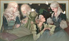 three women dressed in medieval clothing are looking at each other