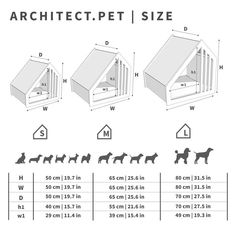 an image of a dog house with measurements for the size and width, from top to bottom