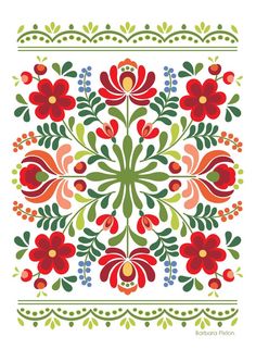 a floral design with red flowers and green leaves on a white background, in the middle of