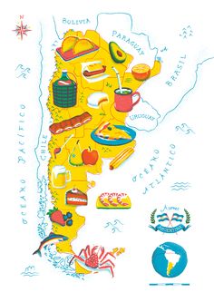 an illustrated map of the state of south america with all its food and drink icons