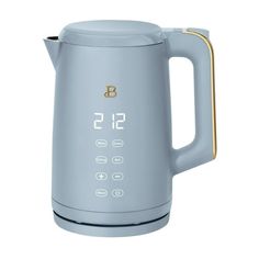 a blue electric kettle with the number 51 on it's side and gold trimmings