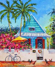 a painting of a blue house with pink flowers and a bicycle parked in front of it