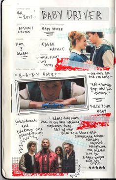 an open book with pictures of people and writing on the pages that say baby driver