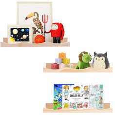 two shelves with books and toys on them