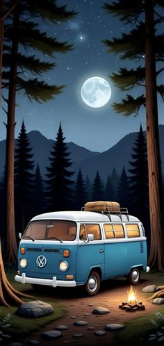 a blue van parked in the woods with a campfire and full moon behind it