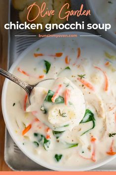 a white bowl filled with chicken gnocchi soup